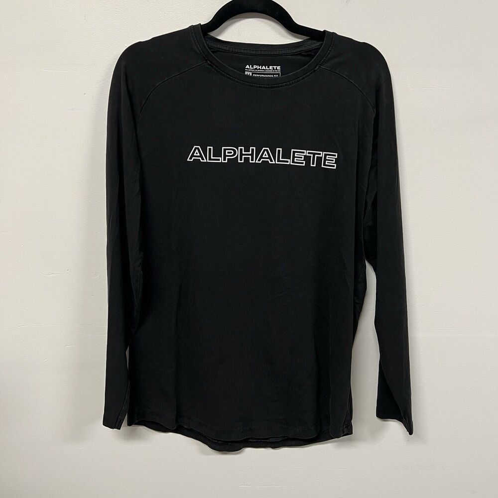 Alphalete Mens Long Sleeve Tee Size M Black Logo T Shirt Athleisure Gym Branding
